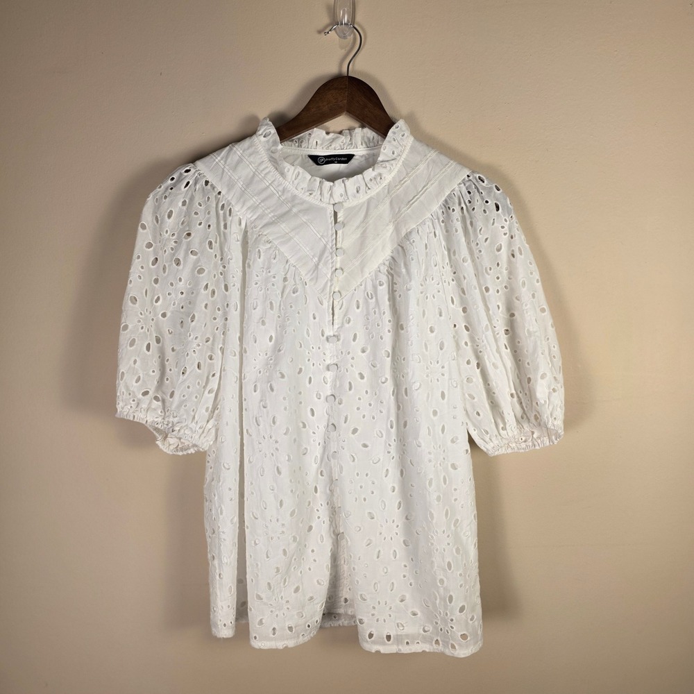 PrettyGarden Eyelet Blouse Womens Size M White Puff Sleeve Ruffle Mock‎ Neck Top